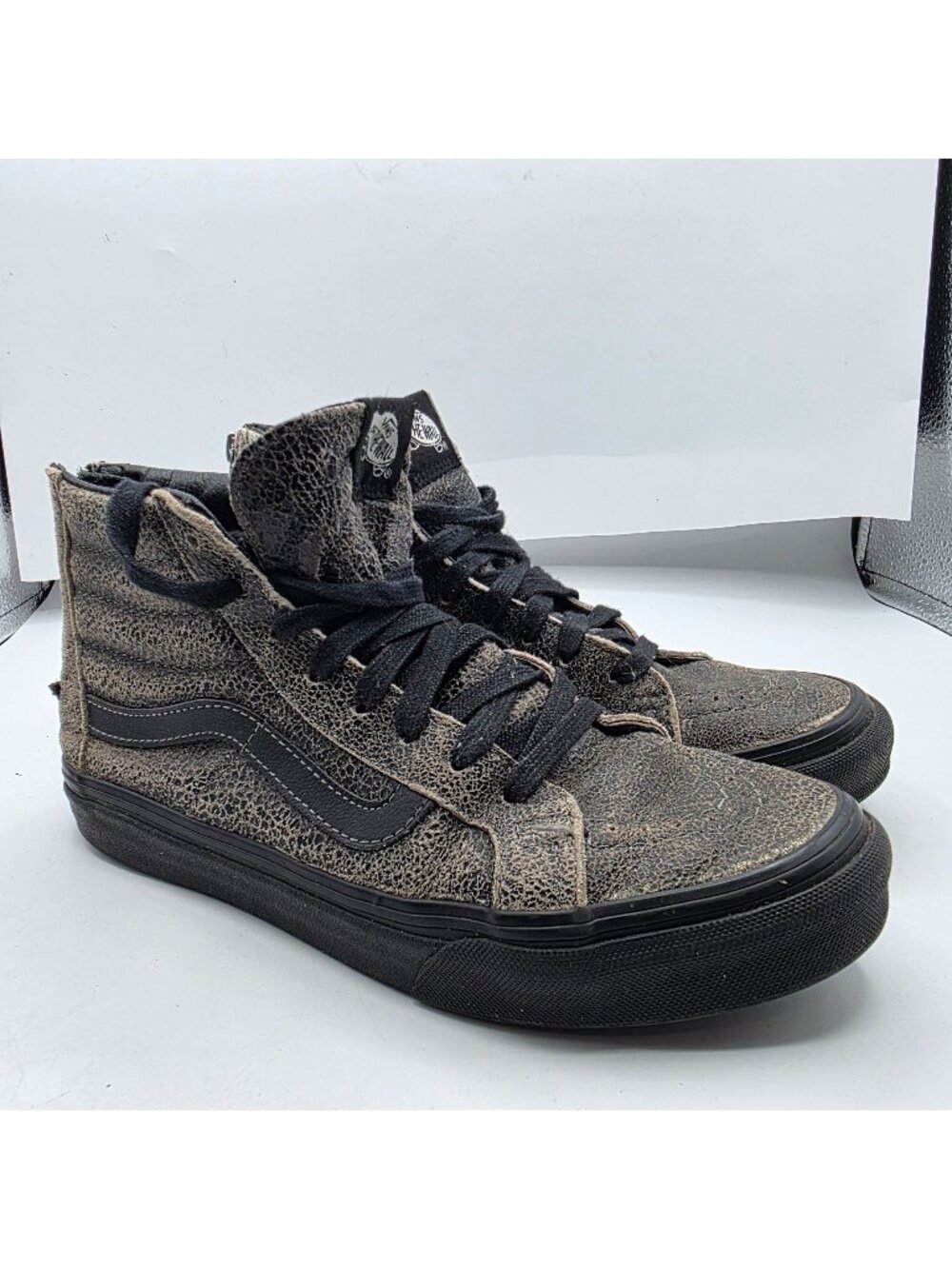 Vans Sk8-Hi Crackle Black Leather Womens Size 6.5 High Top Sneakers Zip Back